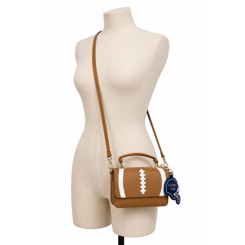 NWT Betsey Johnson Football Top Handle Crossbody Bag Womens Brown White BJ103745